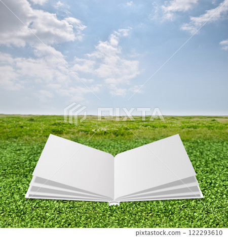 An open white book stands out against a green field and blue sky An open white book stands out against a green field and blue sky 122293610