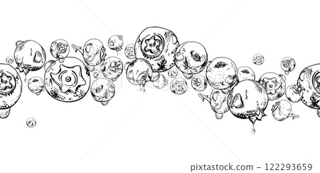 Blueberry blackberry, hand drawn in ink vector, group of flying ripe forest berry with drops, blue and sketch. Seamless banner garland illustration, for restaurant, cafe menu, wedding, farmers market Blueberry blackberry, hand drawn in ink vector, group of flying ripe forest berry with drops, blue and sketch. Seamless banner garland illustration, for restaurant, cafe menu, wedding, farmers market 122293659