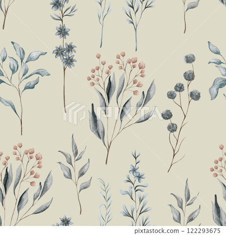 Watercolor floral seamless pattern with dried leaves, blue and beige blush flowers, leaf branches. Wedding invitations, backgrounds, wallpapers, fashion, prints, fabric Watercolor floral seamless pattern with dried leaves, blue and beige blush flowers, leaf branches. Wedding invitations, backgrounds, wallpapers, fashion, prints, fabric 122293675