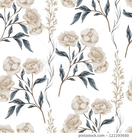 Watercolor floral seamless pattern with dried leaves, blue and beige blush flowers, leaf branches. Wedding invitations, backgrounds, wallpapers, fashion, prints, fabric 122293680