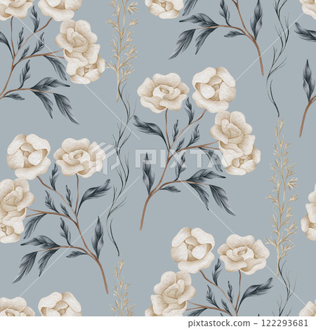 Watercolor floral seamless pattern with dried leaves, blue and beige blush flowers, leaf branches. Wedding invitations, backgrounds, wallpapers, fashion, prints, fabric 122293681