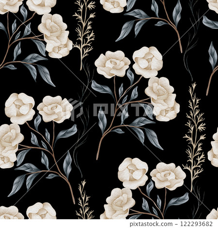 Watercolor floral seamless pattern with dried leaves, blue and beige blush flowers, leaf branches. Wedding invitations, backgrounds, wallpapers, fashion, prints, fabric 122293682