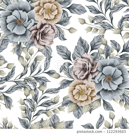 Watercolor floral seamless pattern with dried leaves, blue and beige blush flowers, leaf branches. Wedding invitations, backgrounds, wallpapers, fashion, prints, fabric Watercolor floral seamless pattern with dried leaves, blue and beige blush flowers, leaf branches. Wedding invitations, backgrounds, wallpapers, fashion, prints, fabric 122293683