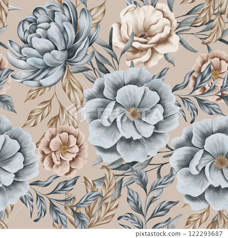 Watercolor floral seamless pattern with dried leaves, blue and beige blush flowers, leaf branches. Wedding invitations, backgrounds, wallpapers, fashion, prints, fabric 122293687