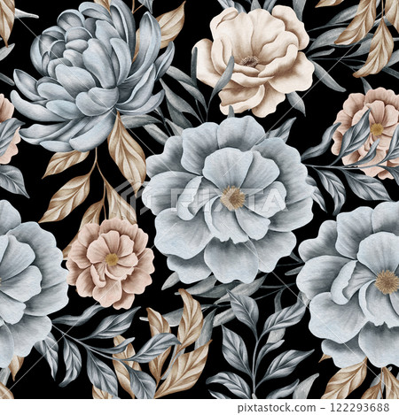 Watercolor floral seamless pattern with dried leaves, blue and beige blush flowers, leaf branches. Wedding invitations, backgrounds, wallpapers, fashion, prints, fabric Watercolor floral seamless pattern with dried leaves, blue and beige blush flowers, leaf branches. Wedding invitations, backgrounds, wallpapers, fashion, prints, fabric 122293688
