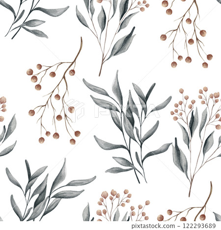 Watercolor floral seamless pattern with dried leaves, blue and beige blush flowers, leaf branches. Wedding invitations, backgrounds, wallpapers, fashion, prints, fabric Watercolor floral seamless pattern with dried leaves, blue and beige blush flowers, leaf branches. Wedding invitations, backgrounds, wallpapers, fashion, prints, fabric 122293689