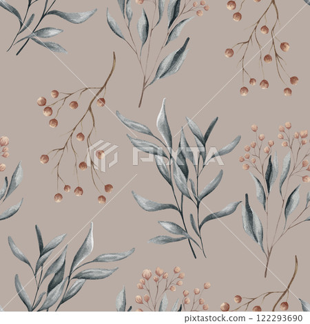 Watercolor floral seamless pattern with dried leaves, blue and beige blush flowers, leaf branches. Wedding invitations, backgrounds, wallpapers, fashion, prints, fabric 122293690