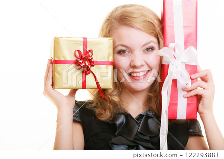 holidays love happiness concept - girl with gift boxes holidays love happiness concept - girl with gift boxes 122293881