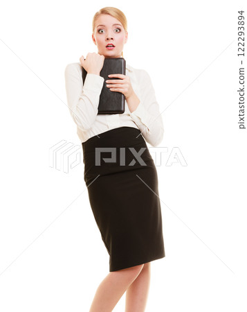 Afraid businesswoman shy woman. Stress in work. Afraid businesswoman shy woman. Stress in work. 122293894