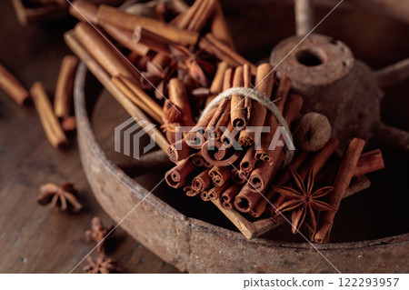 Cinnamon sticks, anise, and nutmeg on a wooden table. Cinnamon sticks, anise, and nutmeg on a wooden table. 122293957