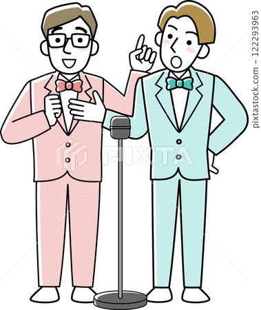 A male comedy duo speaking in front of a microphone 122293963