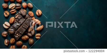 Dark Chocolate Bar with Coffee Beans on Emerald Green Background 122294004