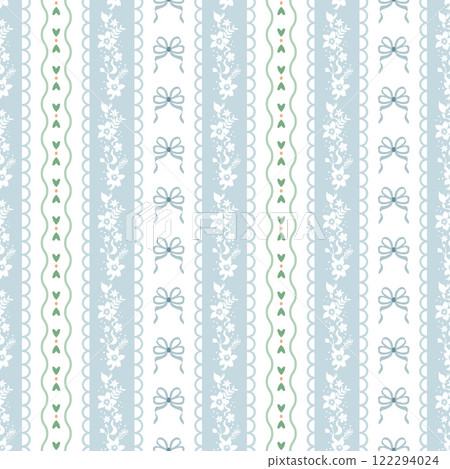 Soft blue striped grandmillennial seamless pattern. Vector gentle cottagecore floral vertical stripe, preppy wallpaper 122294024