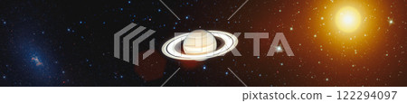 specific view of Saturn with its iconic lenses illuminated under the fire of the Sun on a Starry Space Background. Elements of this image furnished by NASA. 122294097