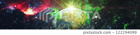 Earth illuminated by a shining sun with a dynamic green and red nebula in star-filled space. Elements of this image furnished by NASA 122294099