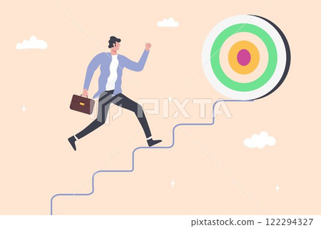 representing progress and success. The design shows a businessman climbing stairs or a ladder, 122294327