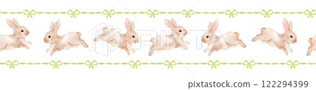 A delightful Easter-themed pattern featuring whimsical bunnies, vibrant carrots, and playful wavy stripes. The charming green checkered background is adorned with whimsical ribbon bows. 122294399