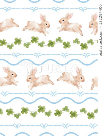 An enchanting Easter-themed pattern featuring whimsical bunnies, clover leaves, and playful wavy stripes. Delightful ribbon bows and waves add a special charm An enchanting Easter-themed pattern featuring whimsical bunnies, clover leaves, and playful wavy stripes. Delightful ribbon bows and waves add a special charm 122294400