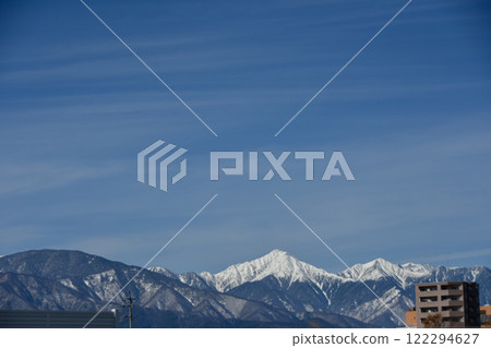 Spectacular winter scenery of Shinshu: snowy Mt. Jonen and the Northern Alps 122294627