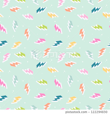 Colorful lightning, cartoon style, illustration in bed colors, stars, seamless pattern 122294830