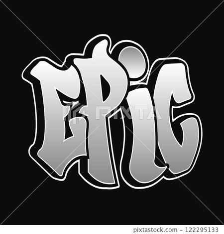 Stylish graffiti art featuring the word epic in bold letters on a black background with a shiny silver finish Stylish graffiti art featuring the word epic in bold letters on a black background with a shiny silver finish 122295133