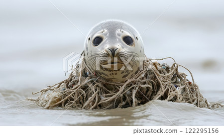 Close up photo of a harbour seal entangled in fishing net in water. Plastic net that kills marine animals. Pollution on marine environments, wildlife. 122295156