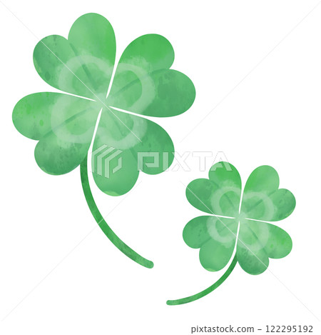 Two green four-leaf clovers, large and small, lined up, hand-drawn watercolor illustration 122295192