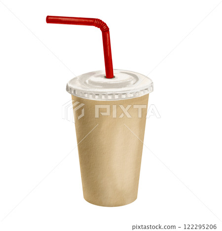 Disposable paper cup with a plastic lid and a long bent straw. fastwood glass. Disposable tableware. A universal neutral color. Watercolor illustration. Isolated from the background. 122295206