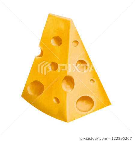 piece of cheese with big holes. Maasdam traditional food. Triangular shaped piece. Treat for mice. Watercolor illustration. Isolated from the background. children's illustration of food.  122295207