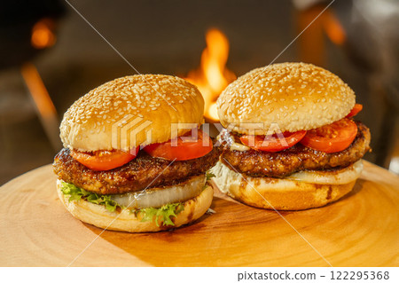 Hamburgers at an outdoor lodge 122295368