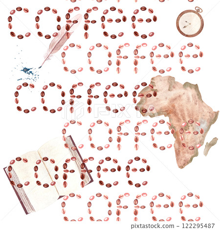 Word coffee written with the beans, map of Africa, an open book watercolor seamless vertical border isolated on white, hand drawn design. Great for containers, restaurant menu, wall decor, packaging 122295487
