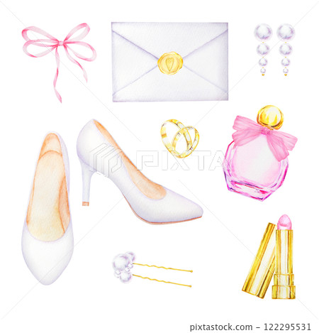 Watercolor illustration of bridal set. White high-heeled shoes, pink perfume bottle, gold wedding rings, pearl earrings, bow, envelope with golden heart seal and lipstick for wedding, Valentine s Day 122295531