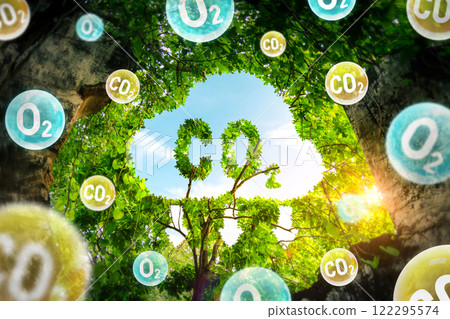 Concept depicting the issue of carbon dioxide emissions and its impact on nature in the form shape of a co2 symbol located in a lush forest. Reduce CO2 emission concept. oxygen O2 molecules. Concept depicting the issue of carbon dioxide emissions and its impact on nature in the form shape of a co2 symbol located in a lush forest. Reduce CO2 emission concept. oxygen O2 molecules. 122295574