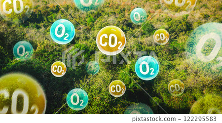 Tree canopy against a sky background with oxygen O2 and carbon dioxide CO2 molecules. Carbon dioxide absorption and oxygen release concept. Concept of carbon dioxide emissions and its impact on nature 122295583