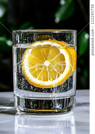 Refreshing lemon slices floating in sparkling water in a clear glass on a marble surface 122295739