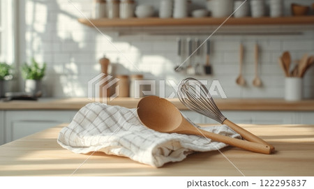 Sunlit kitchen with wooden utensils and white towel on wooden countertop 122295837