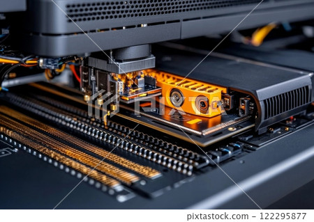 High-performance computer hardware setup featuring graphics card and motherboard details in a modern desktop system High-performance computer hardware setup featuring graphics card and motherboard details in a modern desktop system 122295877