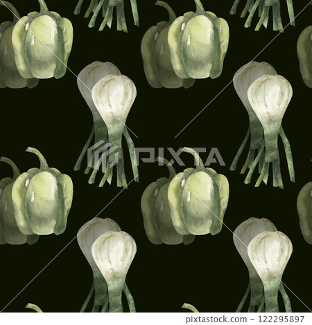 Sweet green pepper and onion shallot seamless watercolor pattern on black . Vegetarian fresh food background for product pacing, grocery shop wallpaper, decor, kitchen textile, fabric 122295897