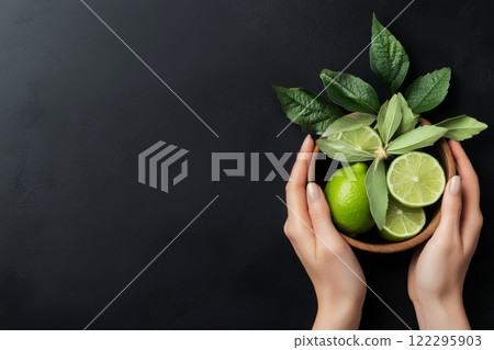 Fresh green limes and mint leaves arranged in a wooden bowl held by hands against a dark background Fresh green limes and mint leaves arranged in a wooden bowl held by hands against a dark background 122295903