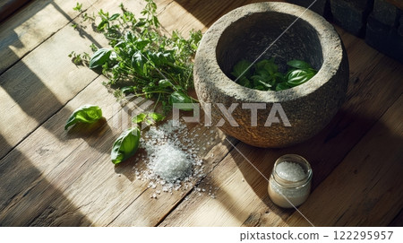 Mortar and pestle with fresh basil and sea salt on wooden table in sunlight 122295957