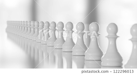 Row of White Chess Pawns on Reflective Surface Row of White Chess Pawns on Reflective Surface 122296013