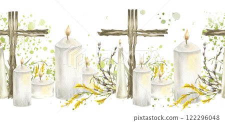 Easter festive border with wooden cross, white cozy candles and floral arrangement. Hand drawn seamless banner with religious symbols for wedding,concert invitation,poster design 122296048