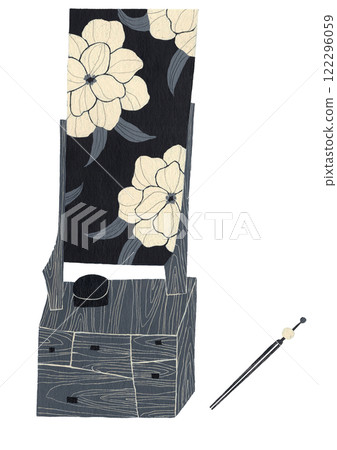 A monochrome illustration of a Japanese dressing table and hairpin, carved with watercolor paint. 122296059