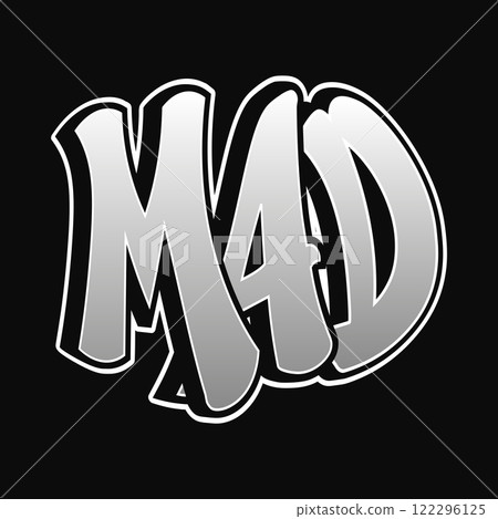 Modern graffiti art featuring bold lettering represents the word mad in a striking monochrome design 122296125
