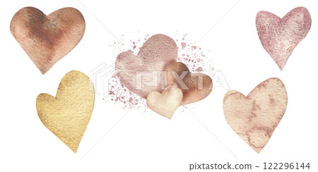 Pink Valentines hearts composition with splashes, isolated colorful hearts watercolor illustration. Hand drawn romantic elements set for lovers, family, mother's day design 122296144