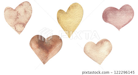 Valentines day hearts watercolor illustration. Hand drawn isolated elements of heart shapes in neutral mocha mousse colors set for romantic spring festive design 122296145