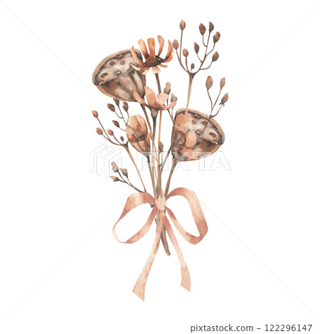 Bouquet with dry field flowers, lotus bud and grass with mocha mousse bow watercolor illustration. Hand drawn floral clipart for romantic card, wedding invitation, women day logo,packing design. 122296147
