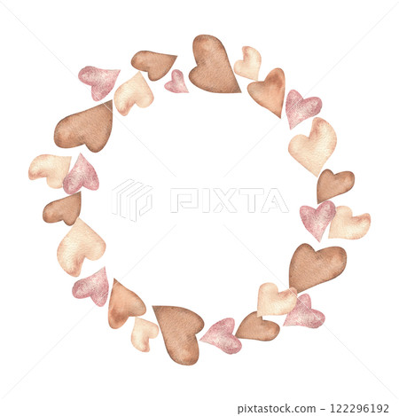 Saint Valentines wreath template with watercolor neutral mocha mousse, brown and beige hearts for romantic greeting card, product packing, invitation design. Lovers poster decor 122296192
