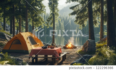 Tranquil camping site with tent and campfire near serene forest lake 122296366