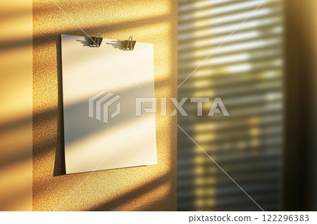 Empty paper sheet on wall with shadows from window blinds for creative projects 122296383